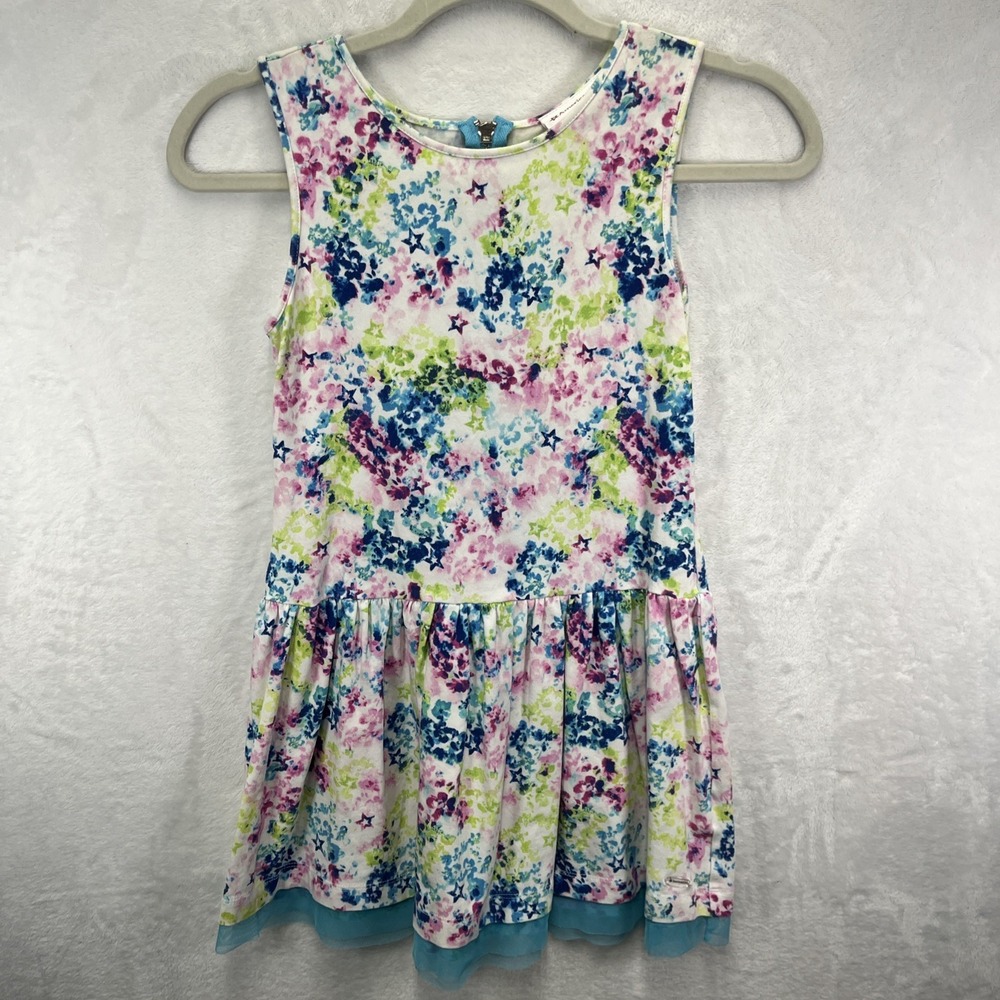 American Girl Dress Girls Size 10 Floral Ruffle Zip Back Colorful Sleeveless
